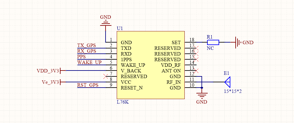 移远 L76K GNSS 模块接线原理图,展示电源、信号接口及天线连接的完整设计